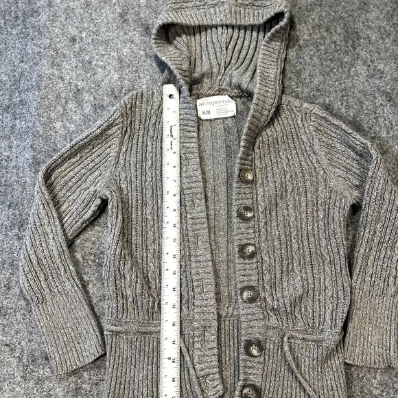 Aeropostale Womens Y2K Gray Cable Knit Hooded Button Sweater Cardigan M, Cozy - Picture 5 of 12